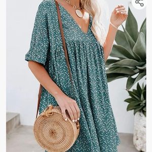 Hestenve Women's Short Sleeve V Neck Pleated Babydoll Swing Dress